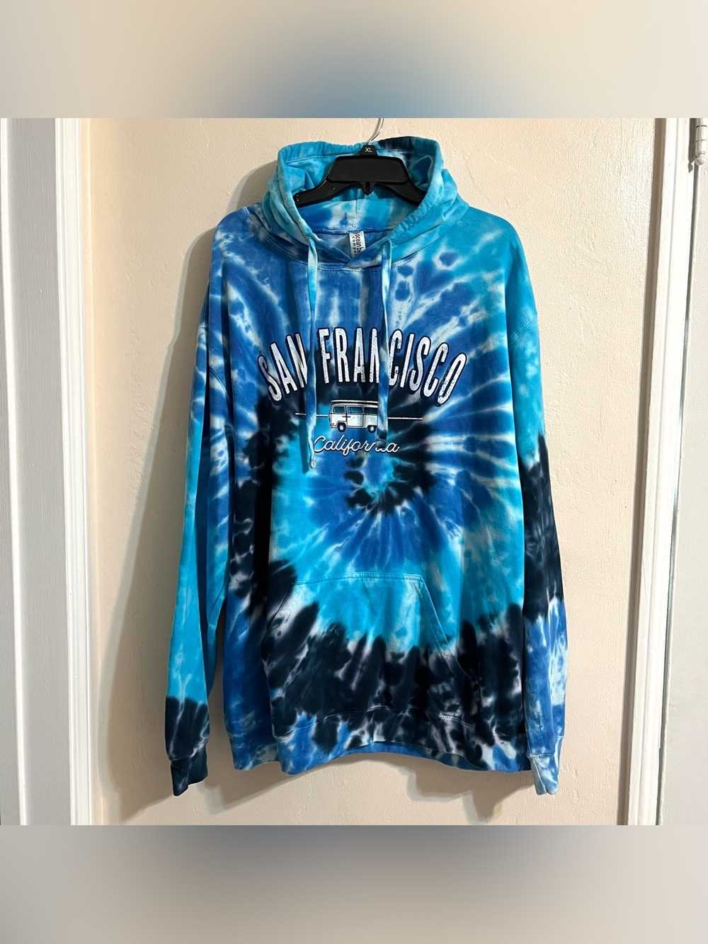 San Francisco Tie-Dye Blue Hooded Sweatshirt Surfer Bus XL Coastal Ocean Beach